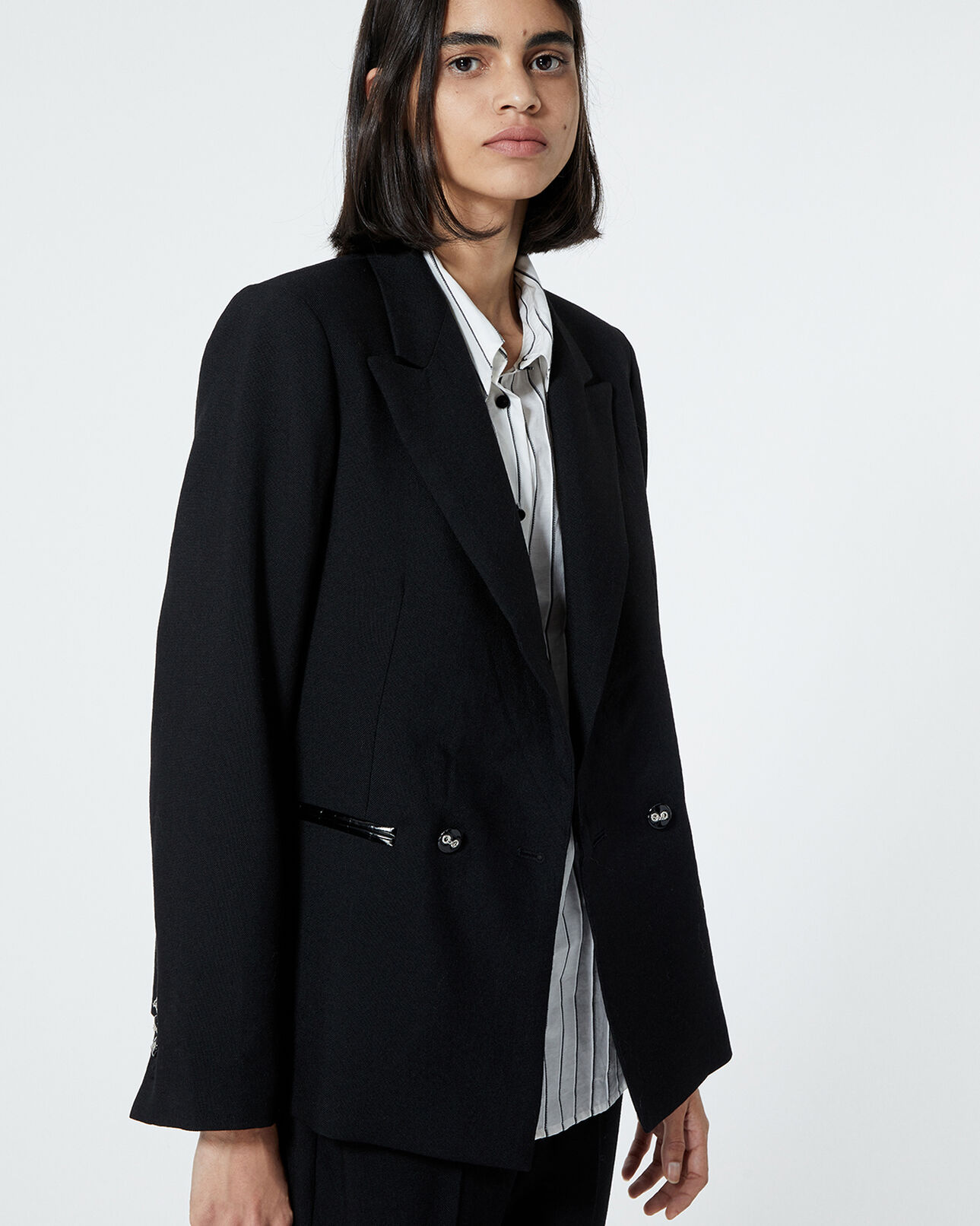 The Kooples FEMME BLACK veste laine noire détail cuir façon croco