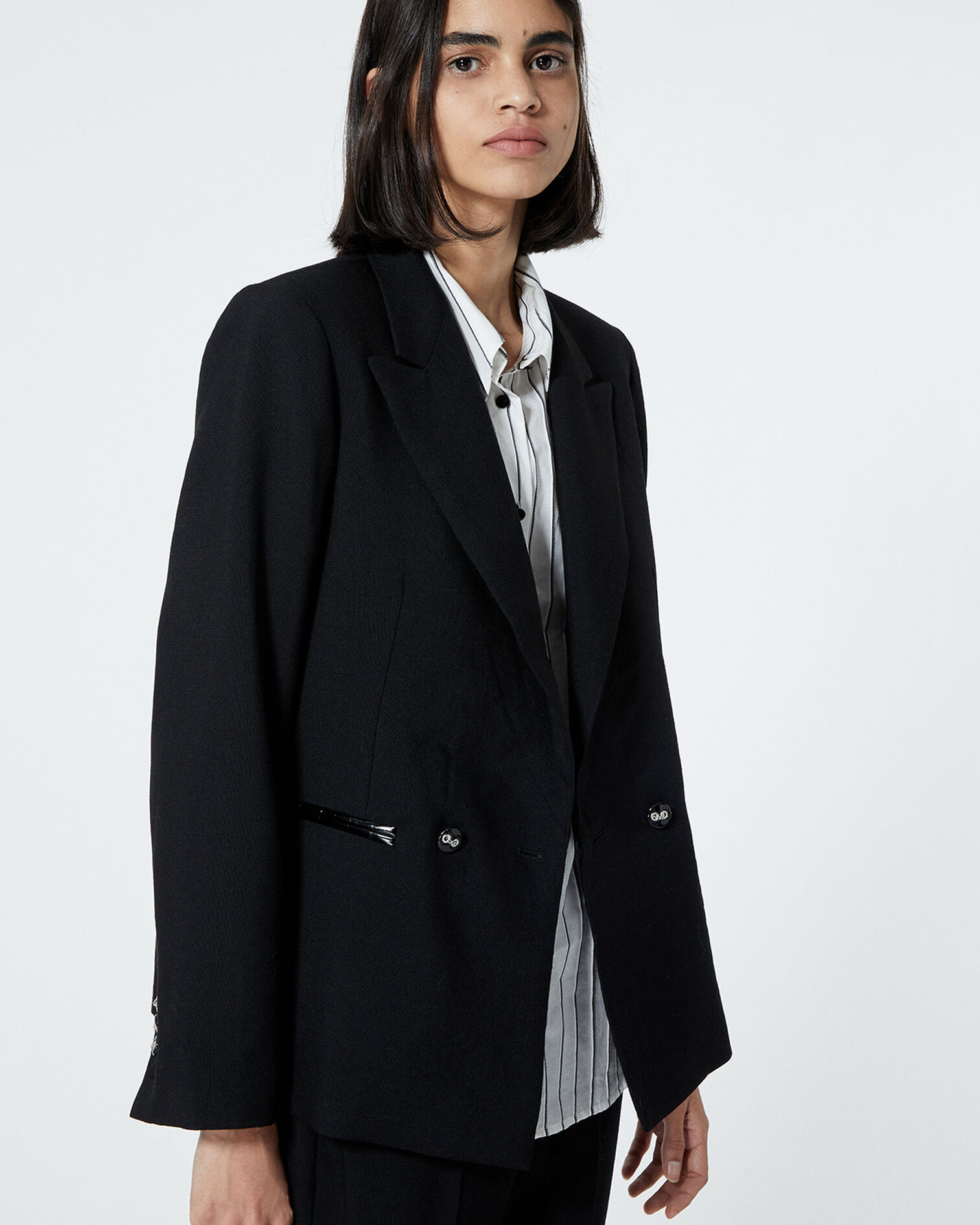 Veste laine noire détail cuir façon croco, BLACK, hi-res image number null