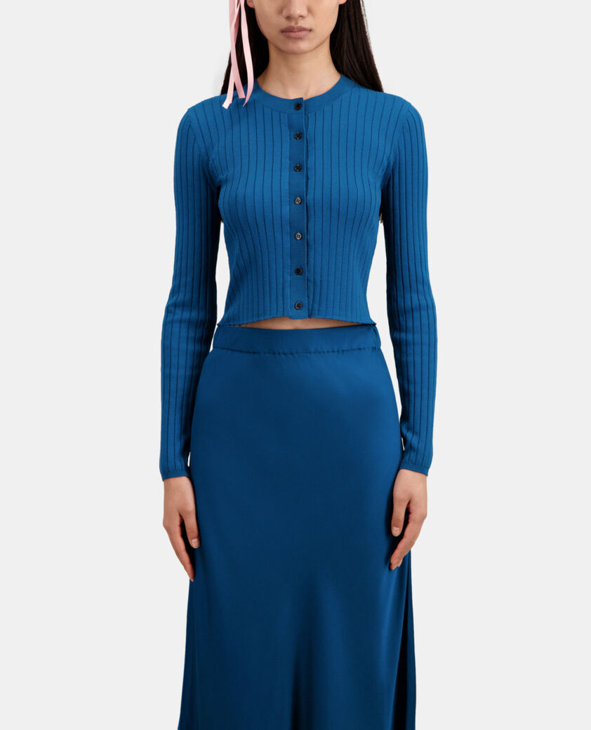 The Kooples WOMEN MEDIUM BLUE short ribbed blue cardigan