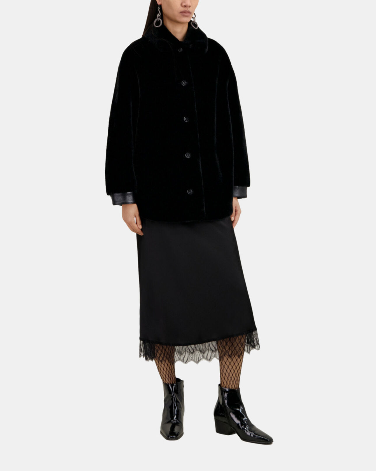 The Kooples FEMME BLACK blouson noir style surchemise imitation fourrure