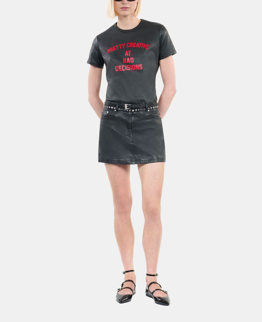 The Kooples WOMEN BLACK black leather pretty creative serigraphy t-shirt