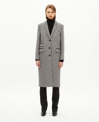 The Kooples WOMEN BLACK WHITE long houndstooth coat in black and white wool
