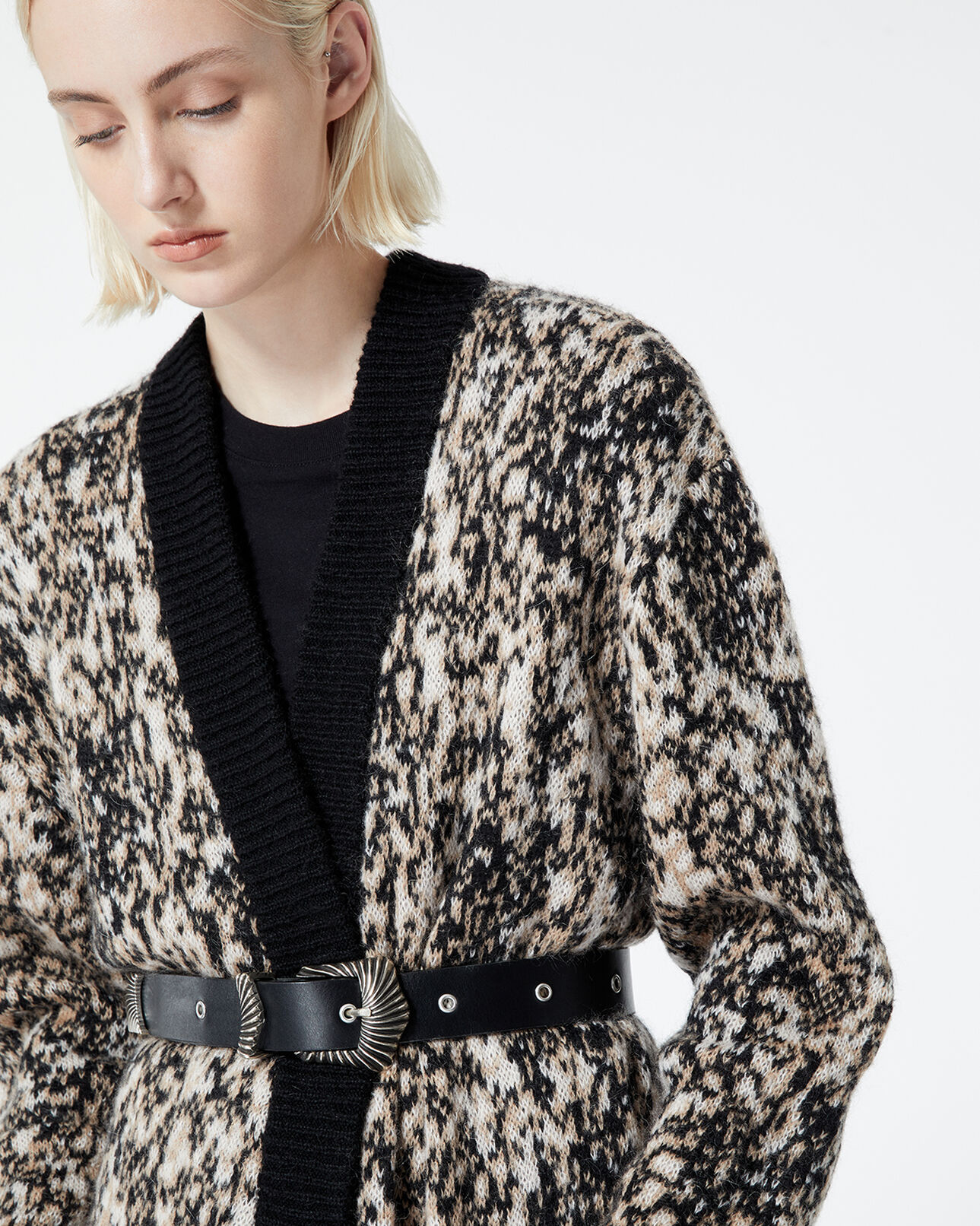 The Kooples DAMEN WHITE + BLACK PRINT strickjacke leopardenprint lang