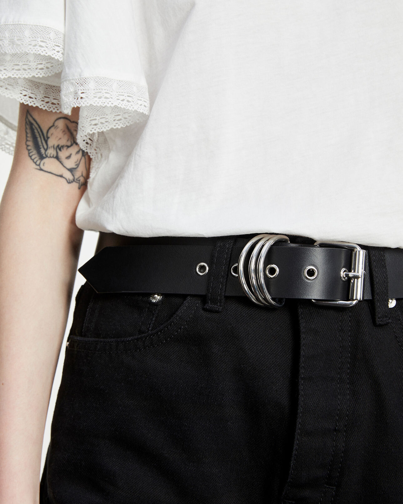The Kooples FEMME BLACK ceinture cuir simple noire à anneaux