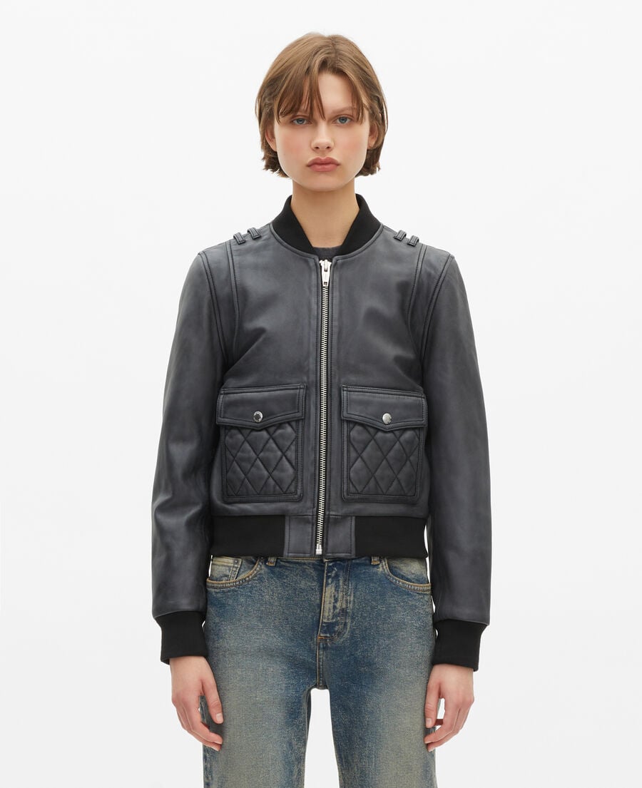 The Kooples DAMEN BLACK WASHED schwarze lederjacke mit vintage-effekt