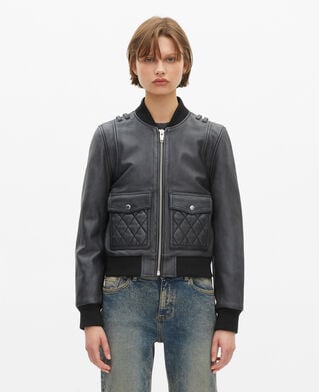 The Kooples DAMEN BLACK WASHED schwarze lederjacke mit vintage-effekt