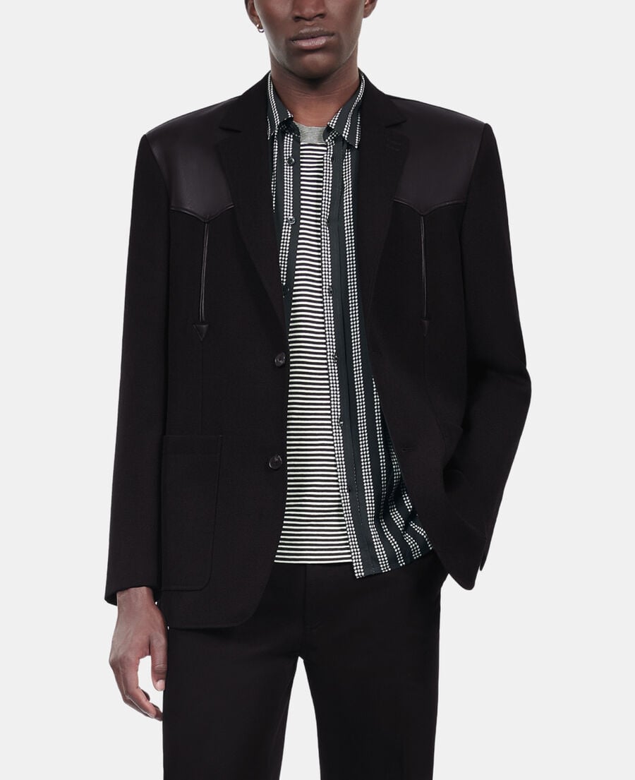 The Kooples HOMME BLACK veste en laine avec d&eacute;tails en cuir noire