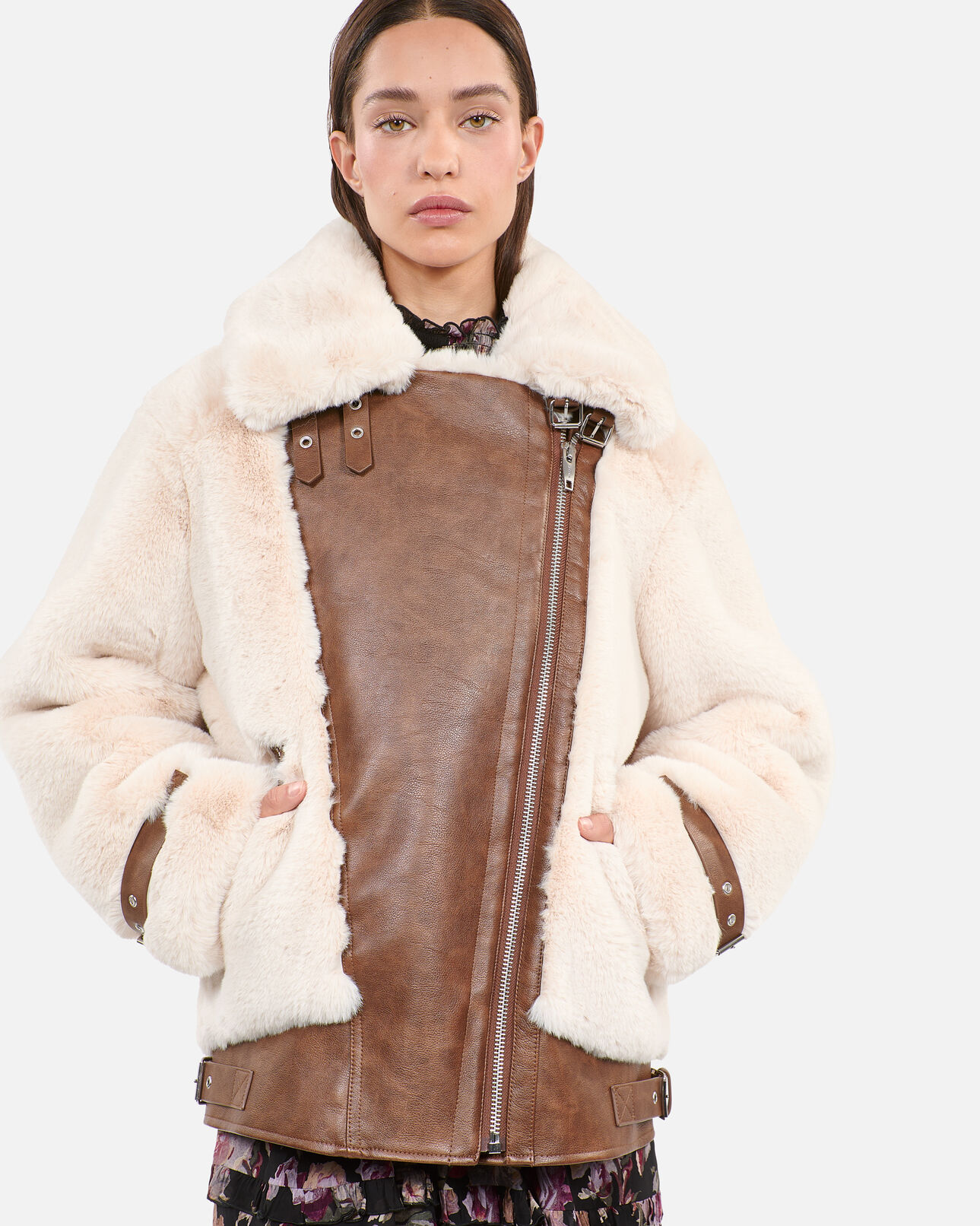 The Kooples WOMEN ECRU ecru fur-effect aviator jacket