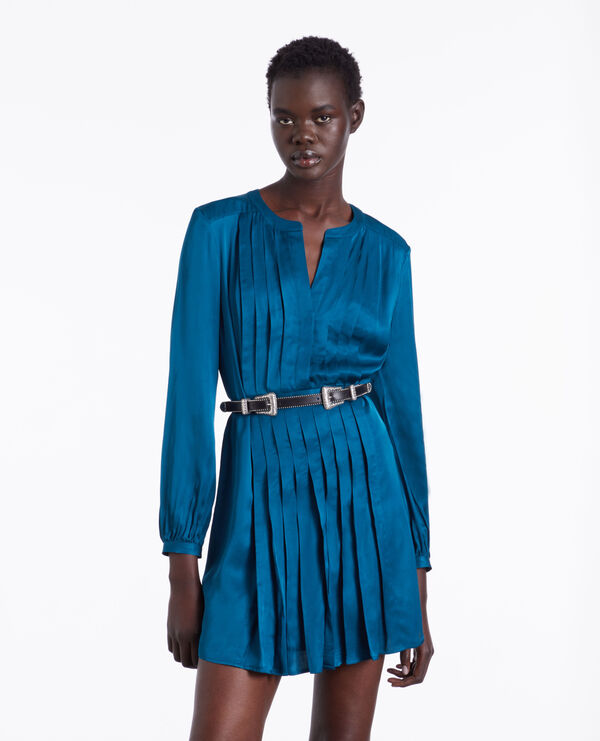 short blue dress with pleating