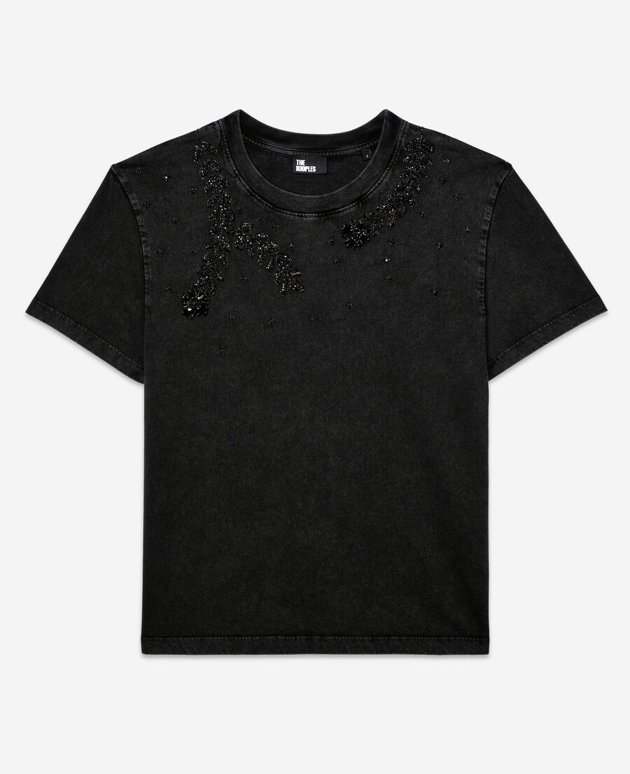 더 쿠플스 The Kooples T-shirt noir avec broderie bijou,BLACK WASHED