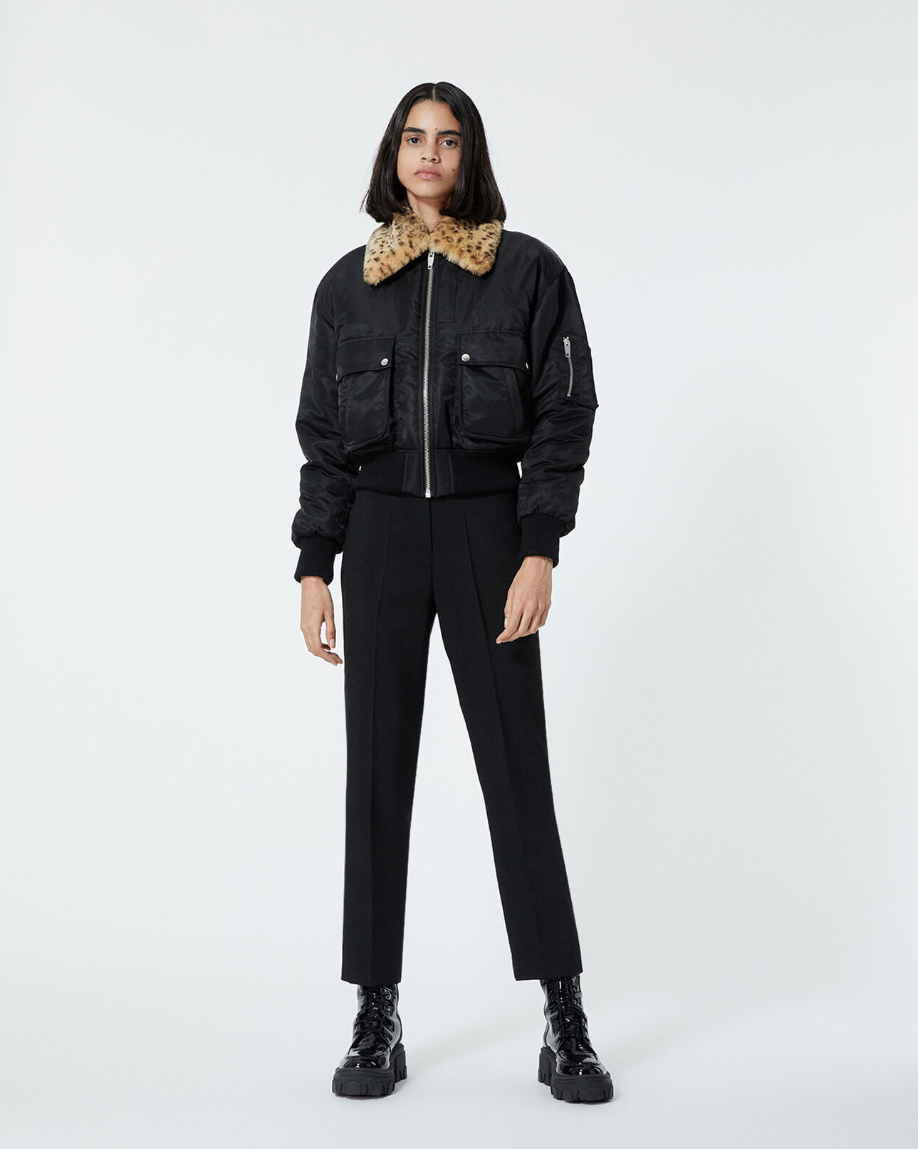 The Kooples FEMME BLACK blouson tissu technique noir col fourré