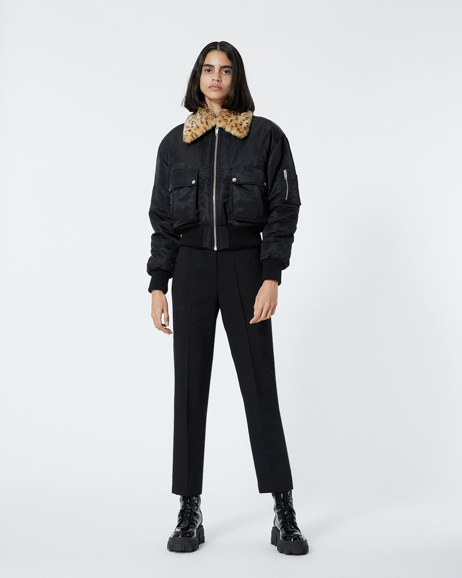 Blouson tissu technique noir col fourré, BLACK, hi-res image number null