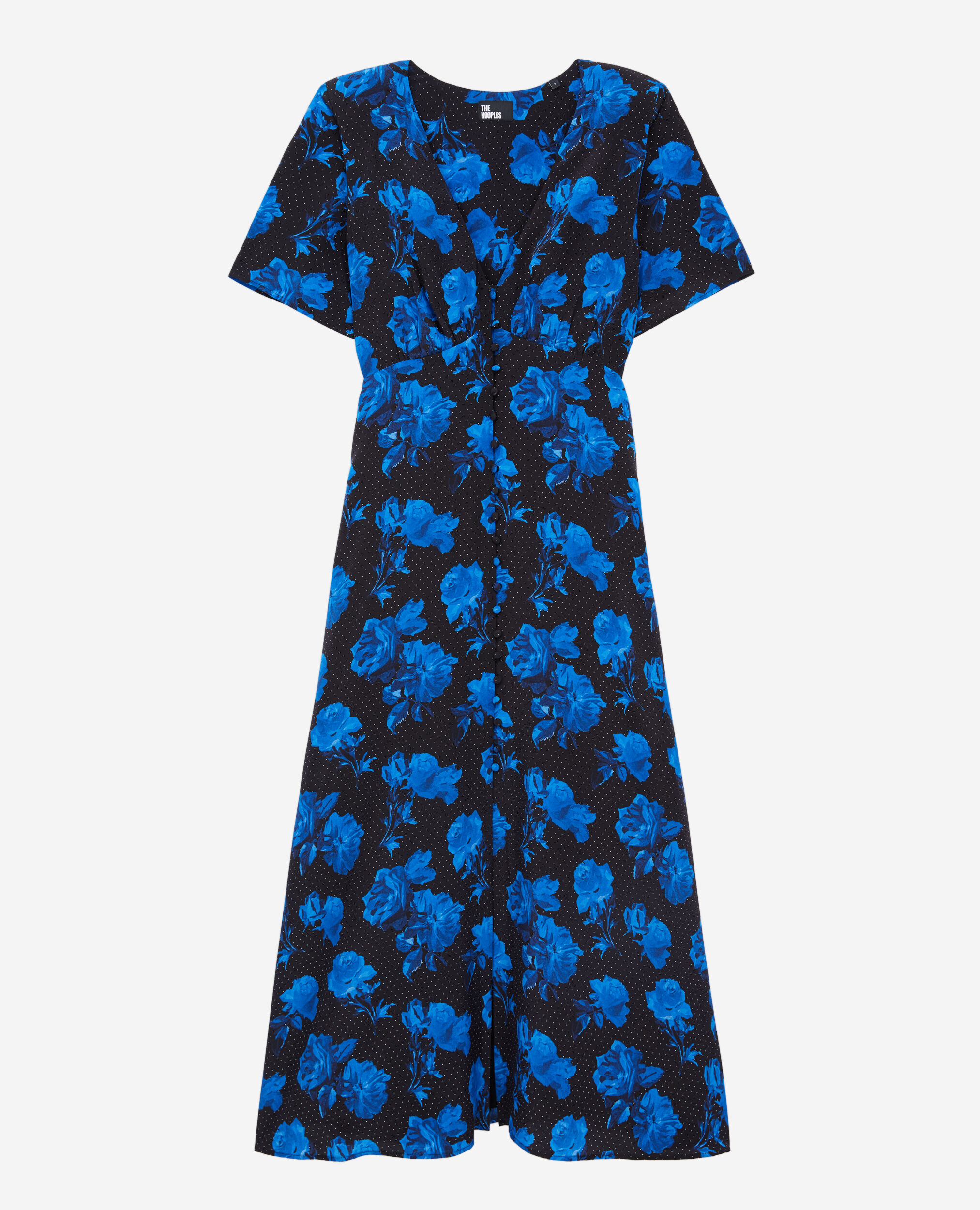 Long printed silk dress with buttoning, BLACK BLUE, hi-res image number null