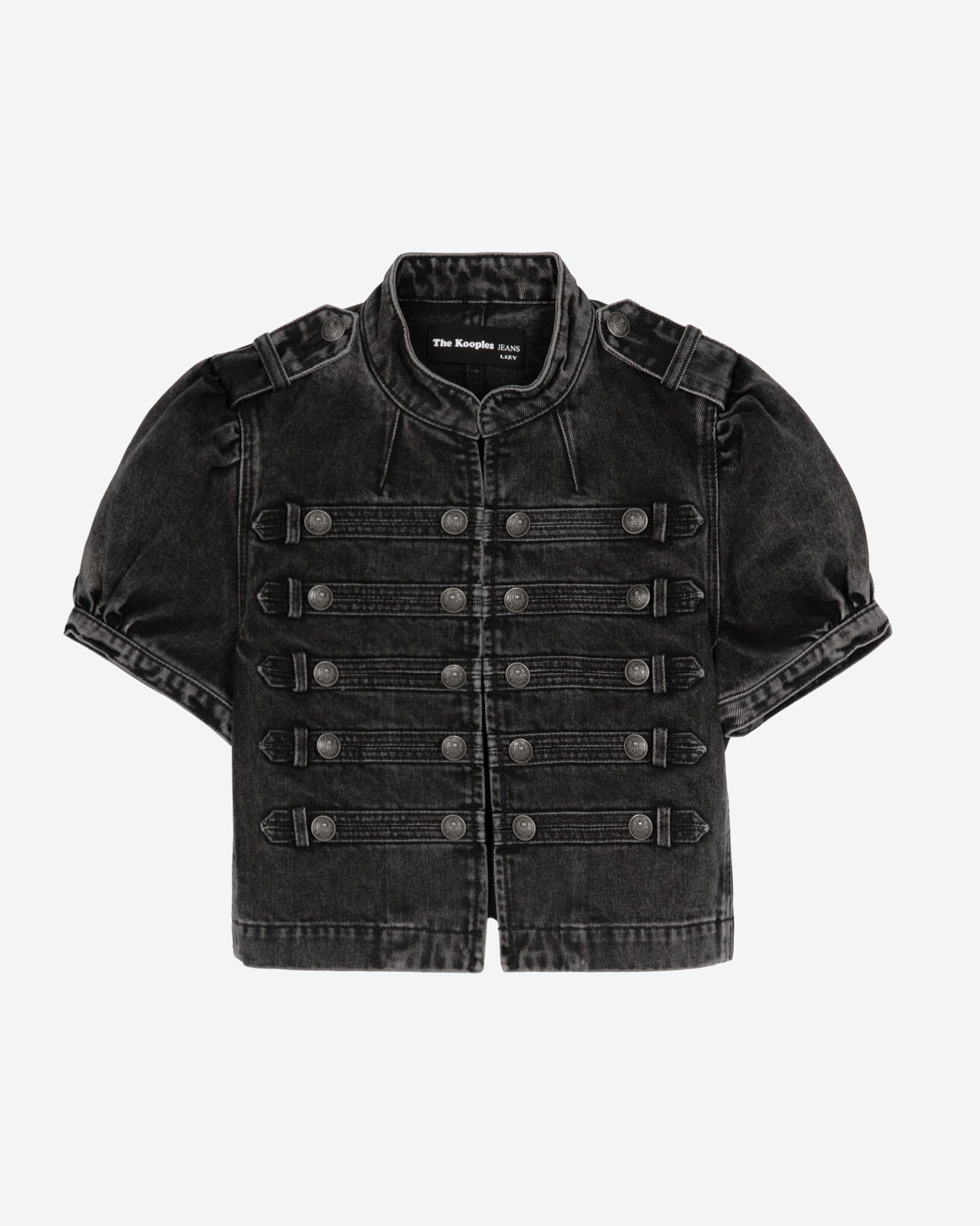 The Kooples DAMEN BLACK WASHED kurzärmelige offiziersjacke aus grauem denim