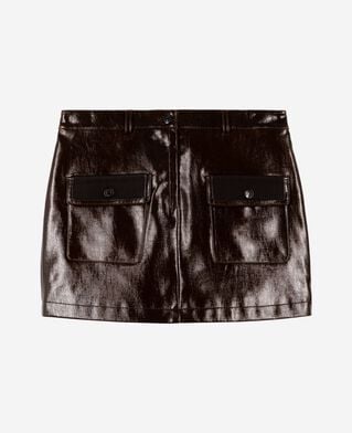 The Kooples WOMEN CAFE short brown vinyl-effect skirt