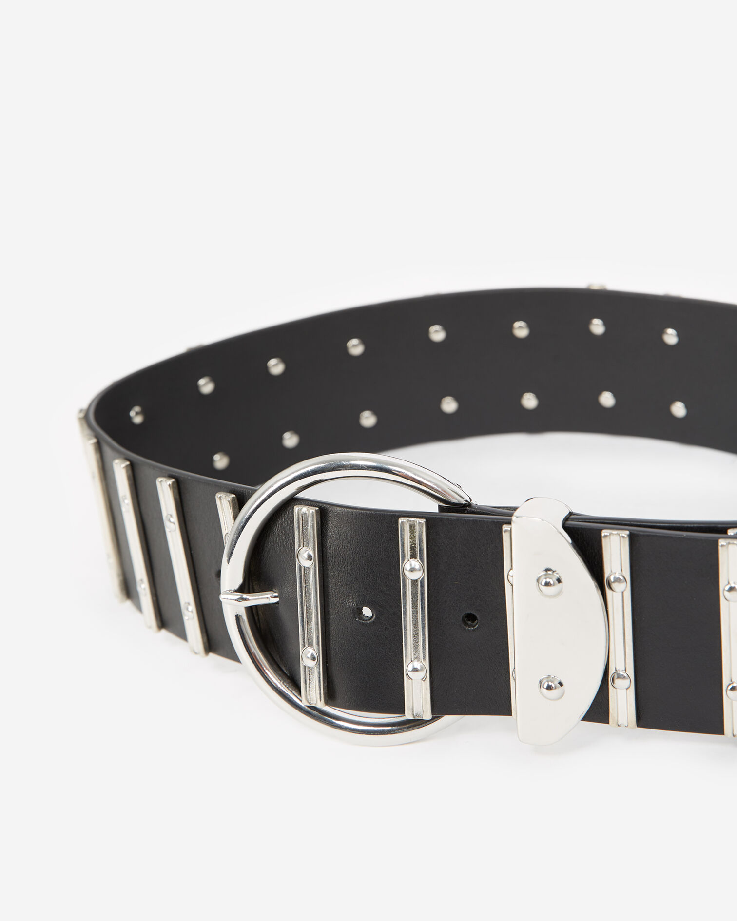 Black skinny leather belt with silver details, BLACK, hi-res image number null