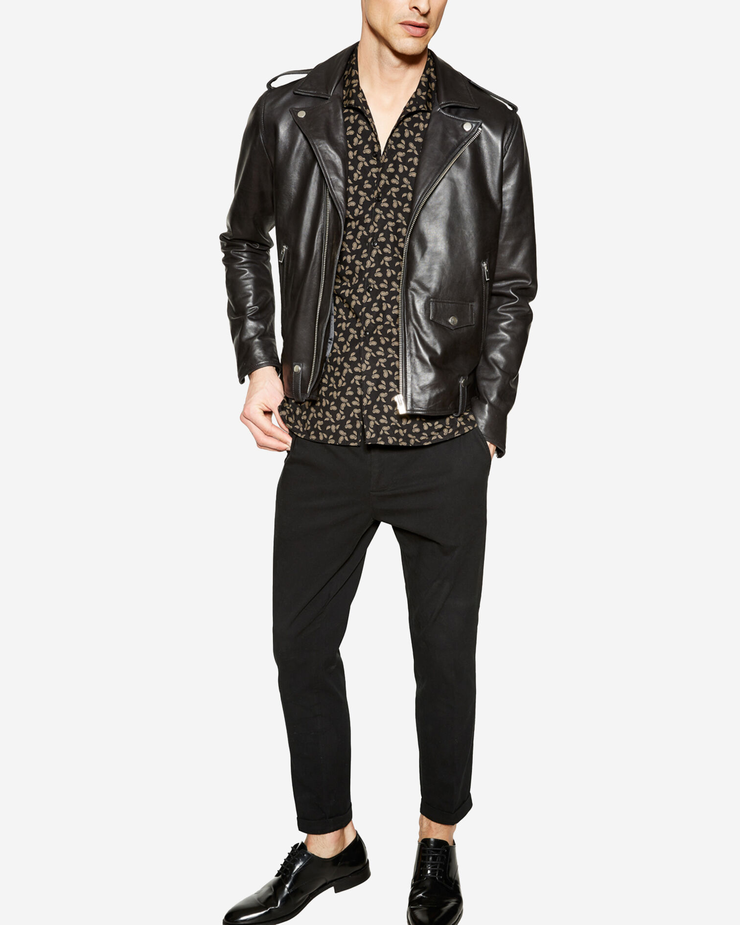 Zipped black leather biker jacket, BLACK, hi-res image number null