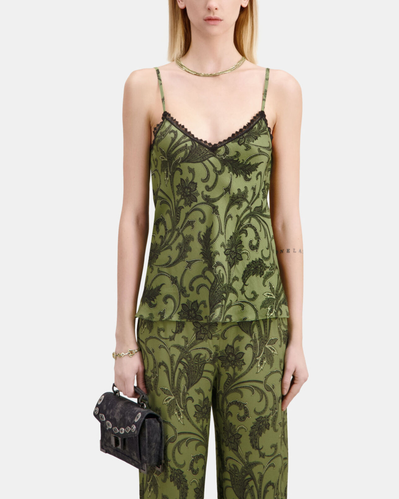 The Kooples WOMEN KAKI BLACK printed camisole with lace