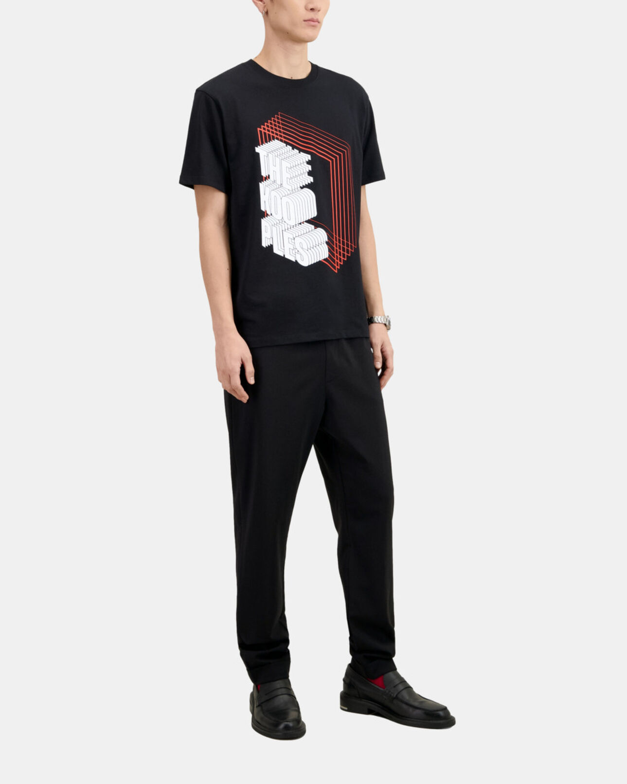 The Kooples MEN BLACK men's black t-shirt with neon logo serigraphy