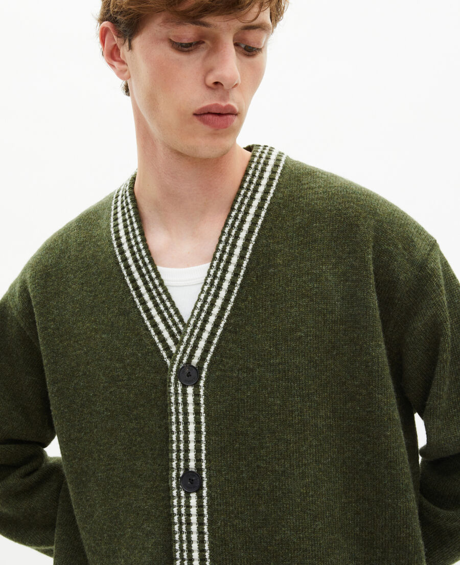 The Kooples H GREEN wool cardigan with khaki contrasting stripes