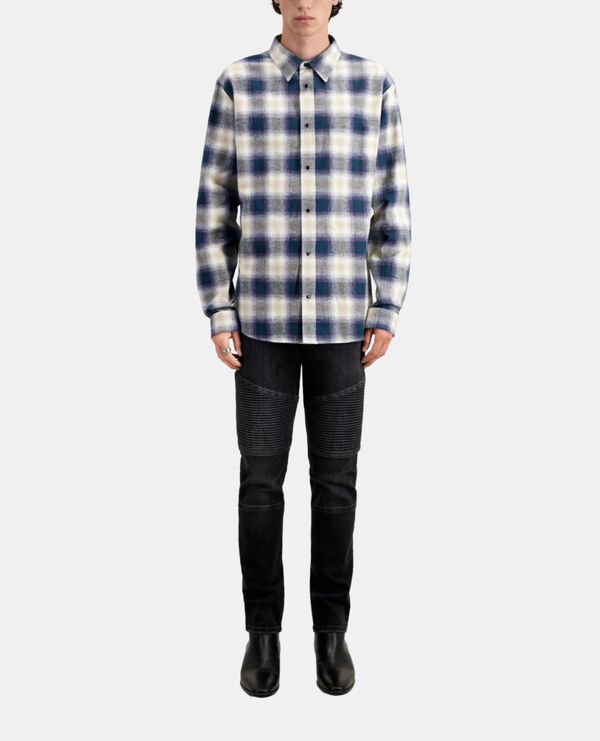 blue and green checkered overshirt