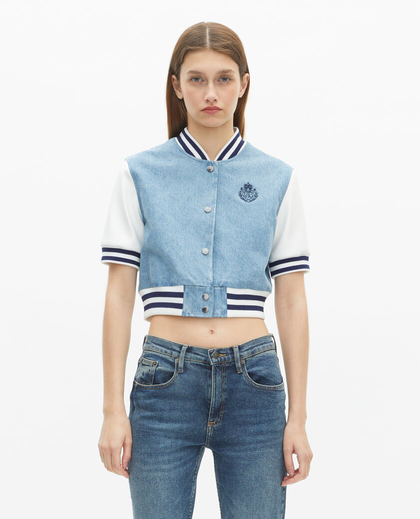 The Kooples FEMME BLUE WHITE blouson teddy manches courtes en denim