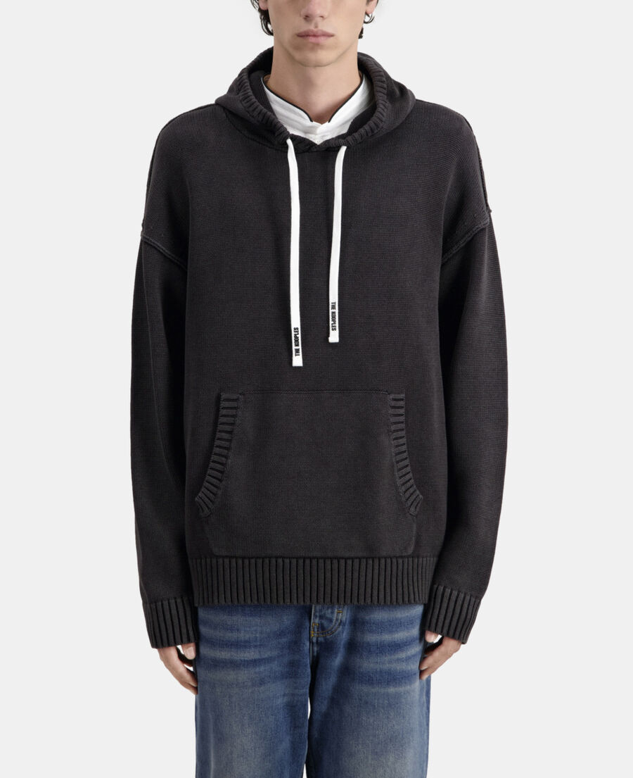 pull noir à capuche en coton et laine