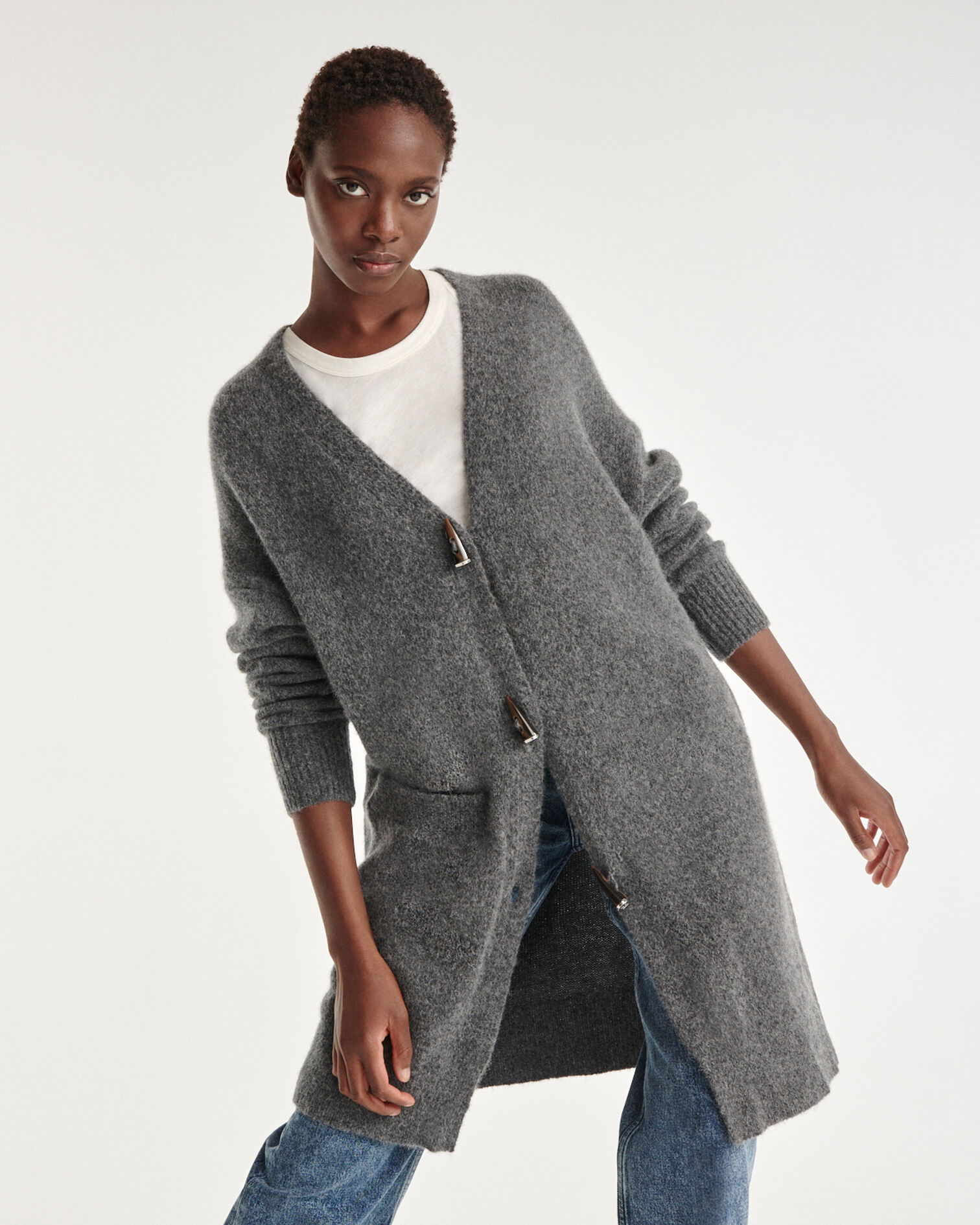 Long dark gray wool and alpaca cardigan, DARK GREY, hi-res image number null