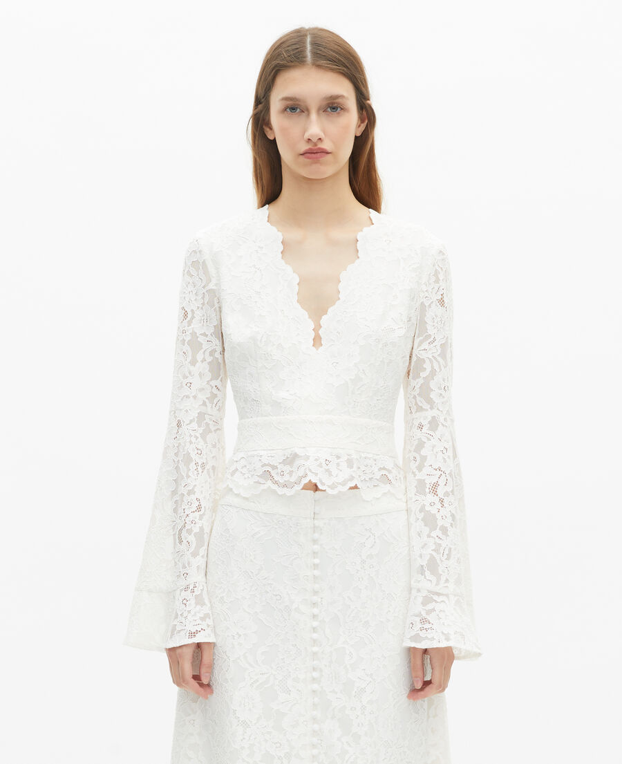 The Kooples WOMEN ECRU white lace flared sleeve top