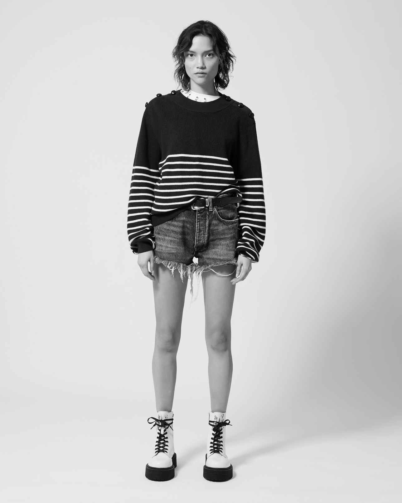 The Kooples FEMME NAVY pull marinière laine bleu marine boutons cuir