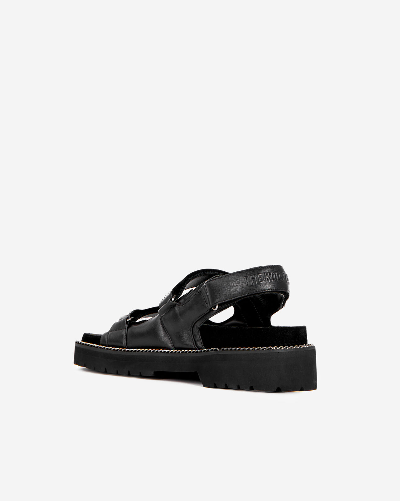 The Kooples FEMME BLACK sandales plates en cuir noir avec chaîne et clous