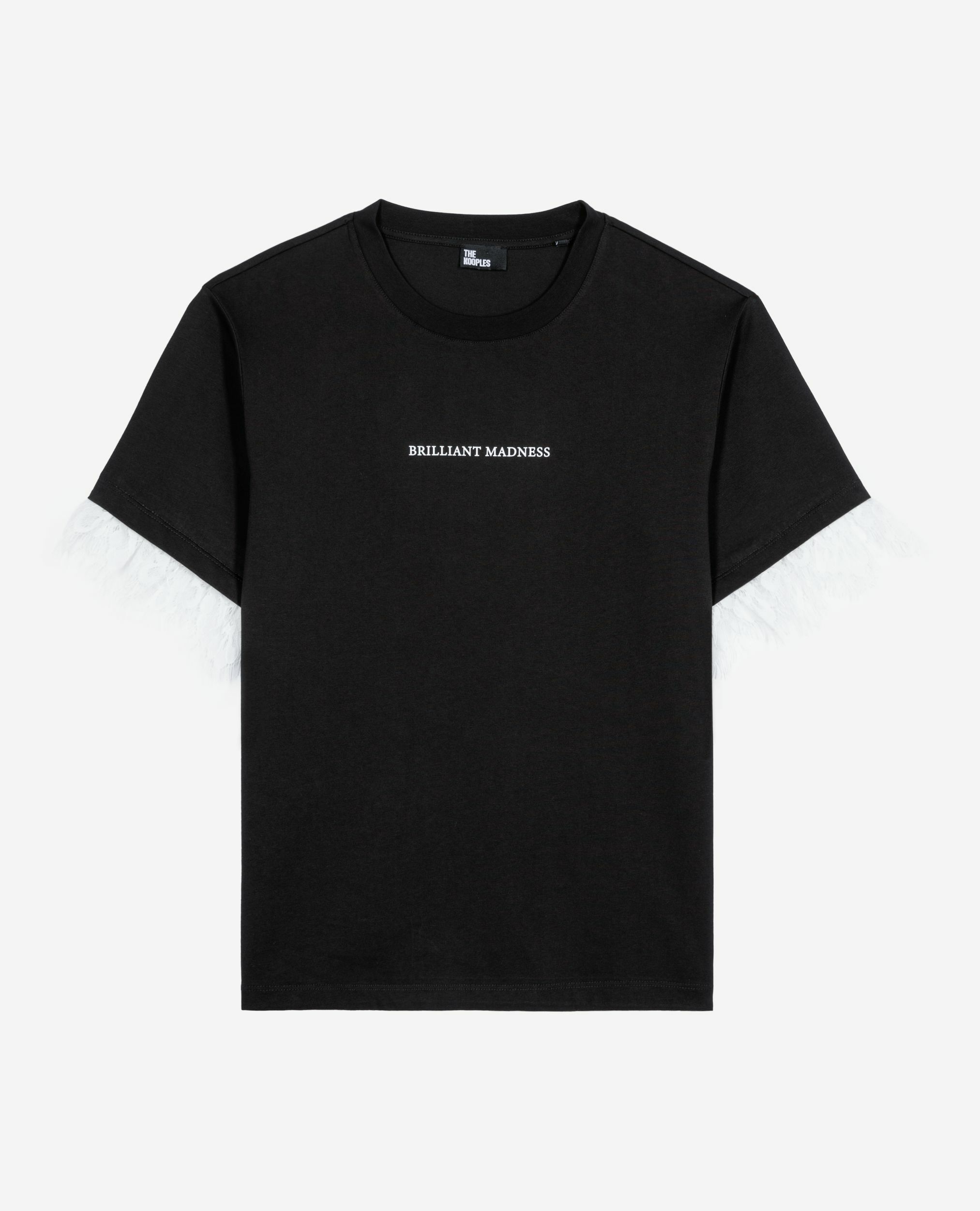 T-shirt with screen print and black lace, BLACK, hi-res image number null