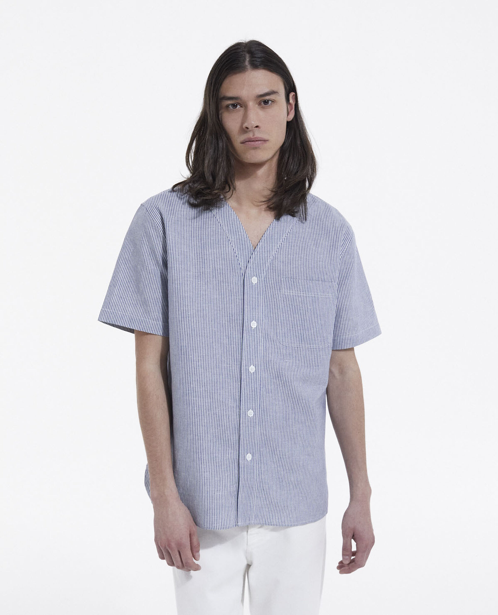 Sky blue cotton shirt with short sleeves, BLUE WHITE, hi-res image number null