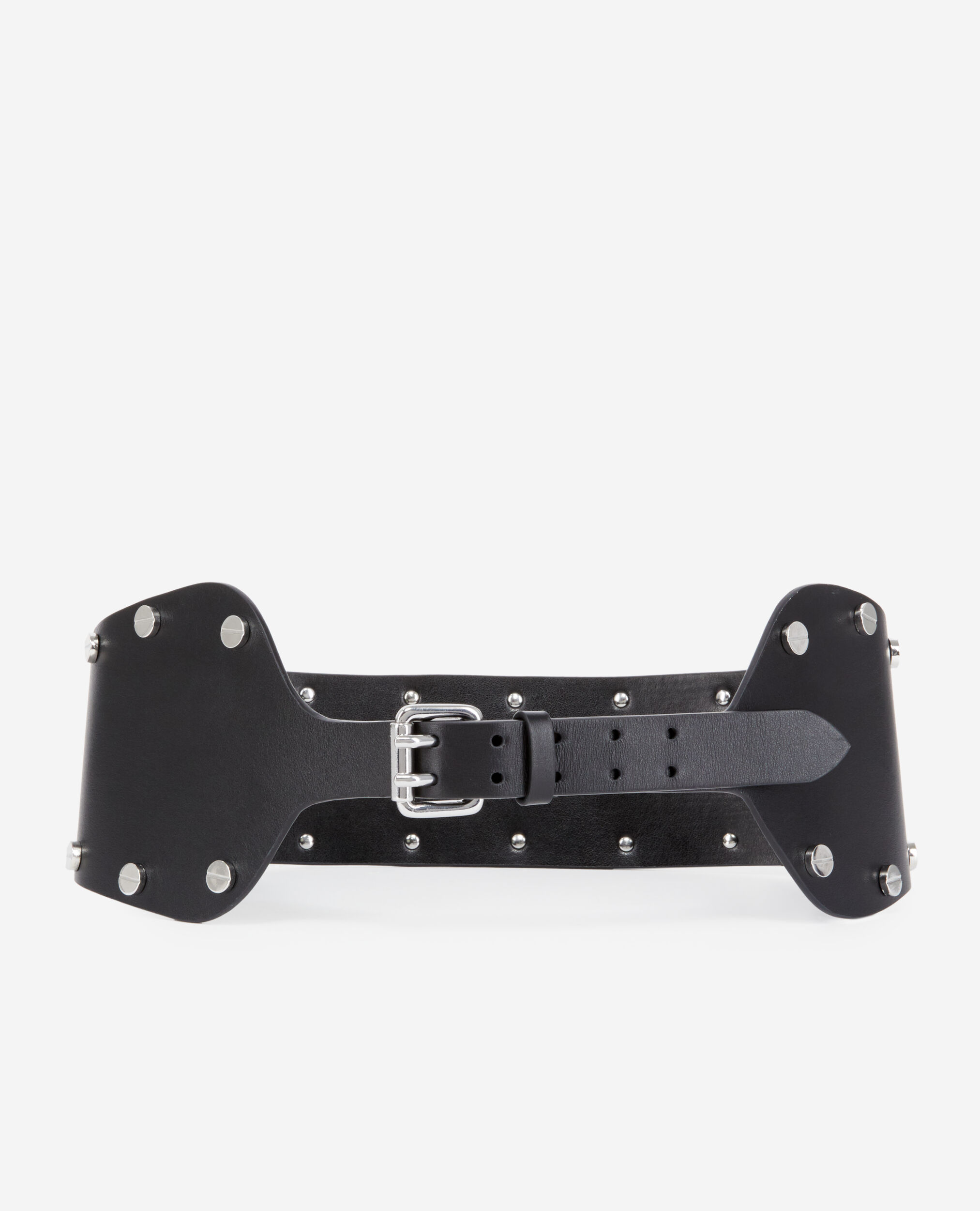 Wide black leather belt with studs, BLACK, hi-res image number null