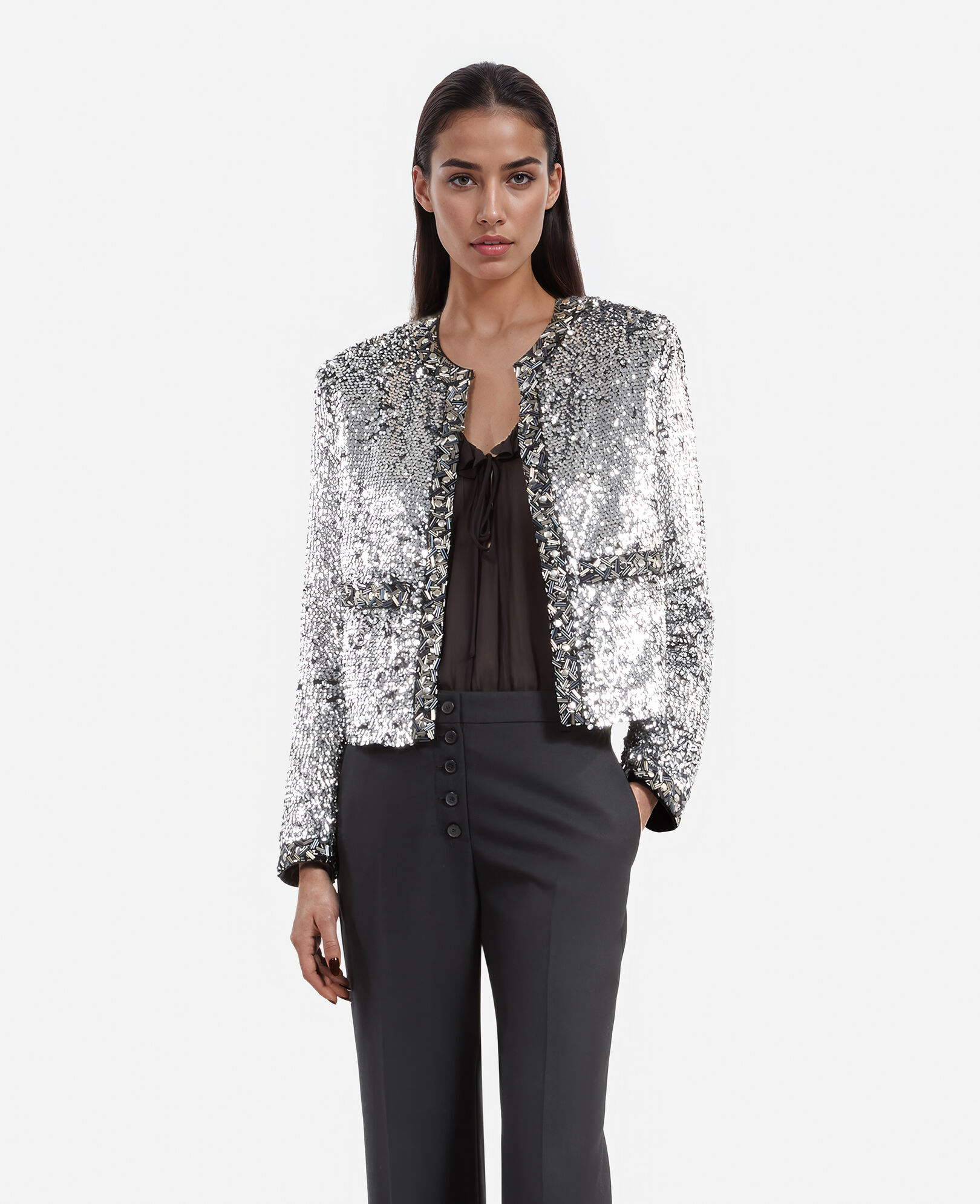 The Kooples WOMEN SILVER silver sequin and pearl jacket