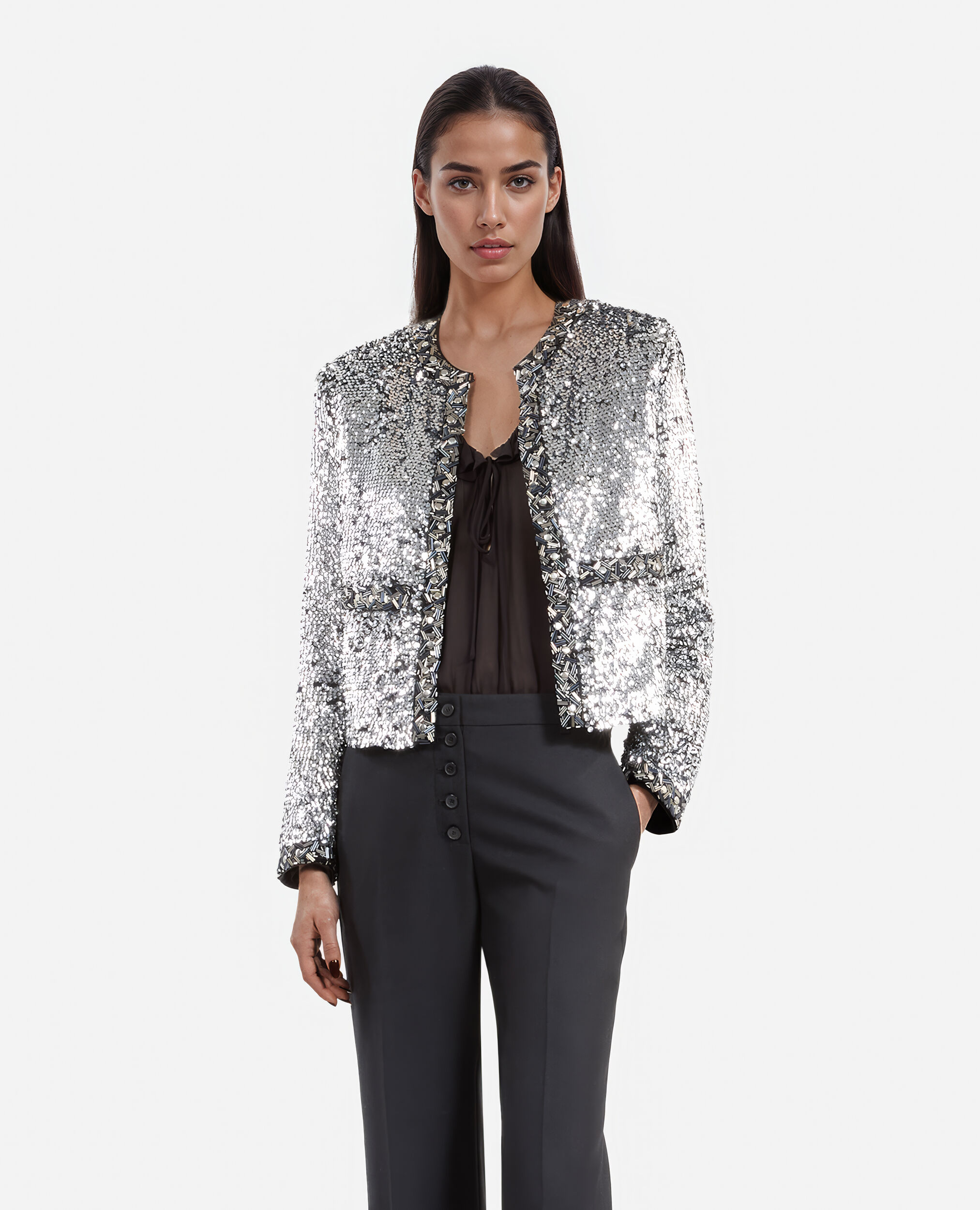 Silver sequin and pearl jacket, SILVER, hi-res image number null