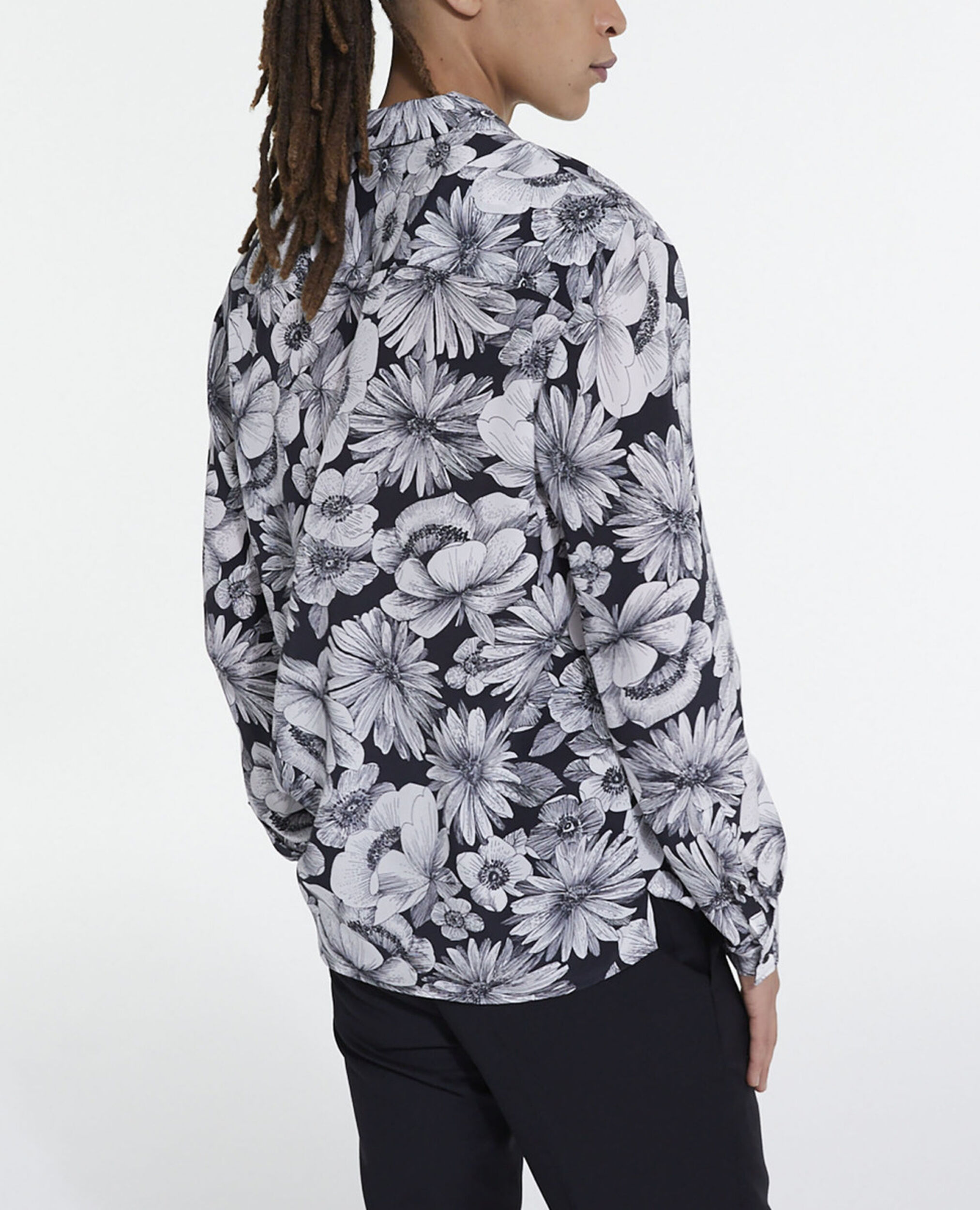 Floral shirt with hawaiian collar, BLACK WHITE, hi-res image number null