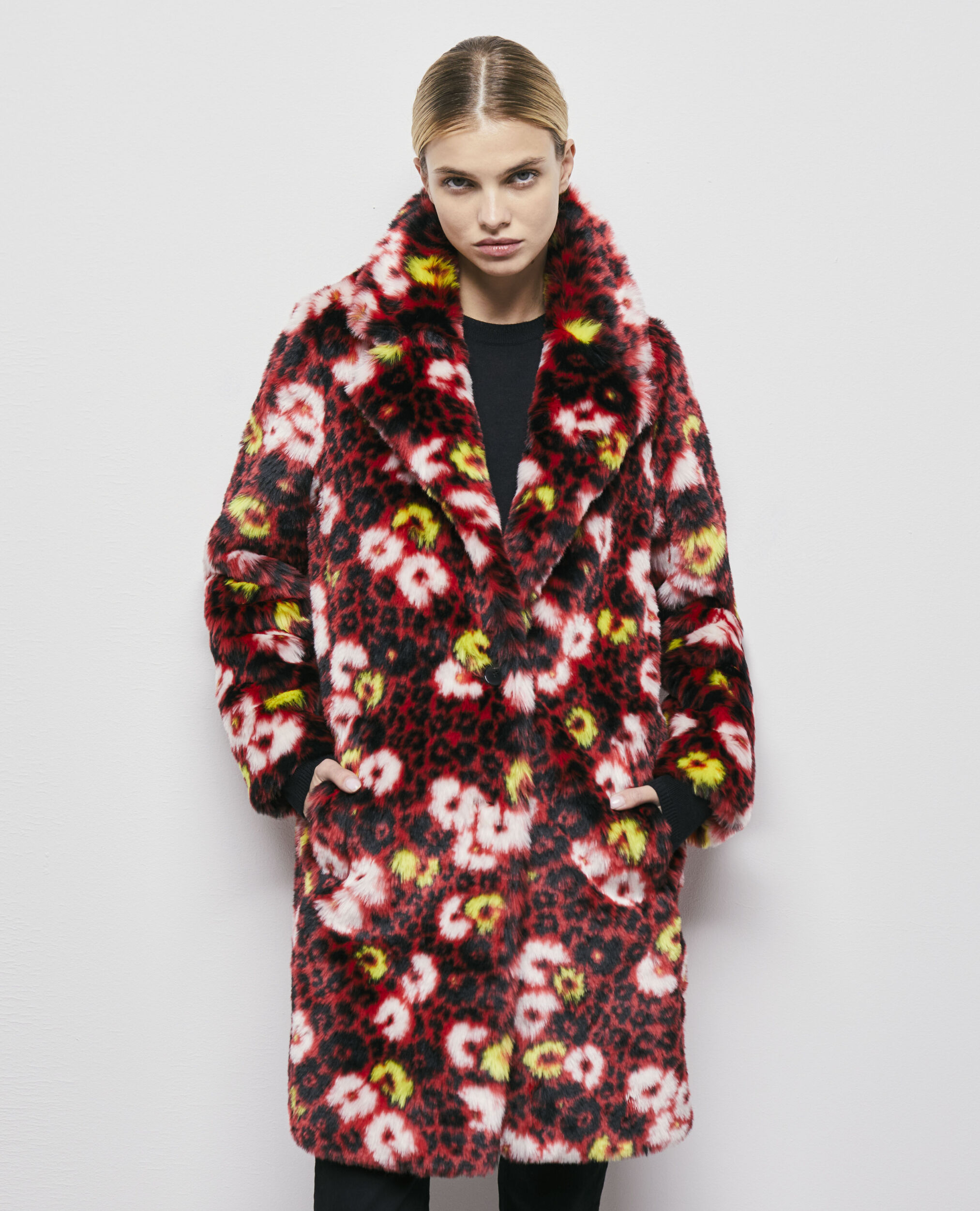 Floral print faux fur coat, DARK RED, hi-res image number null