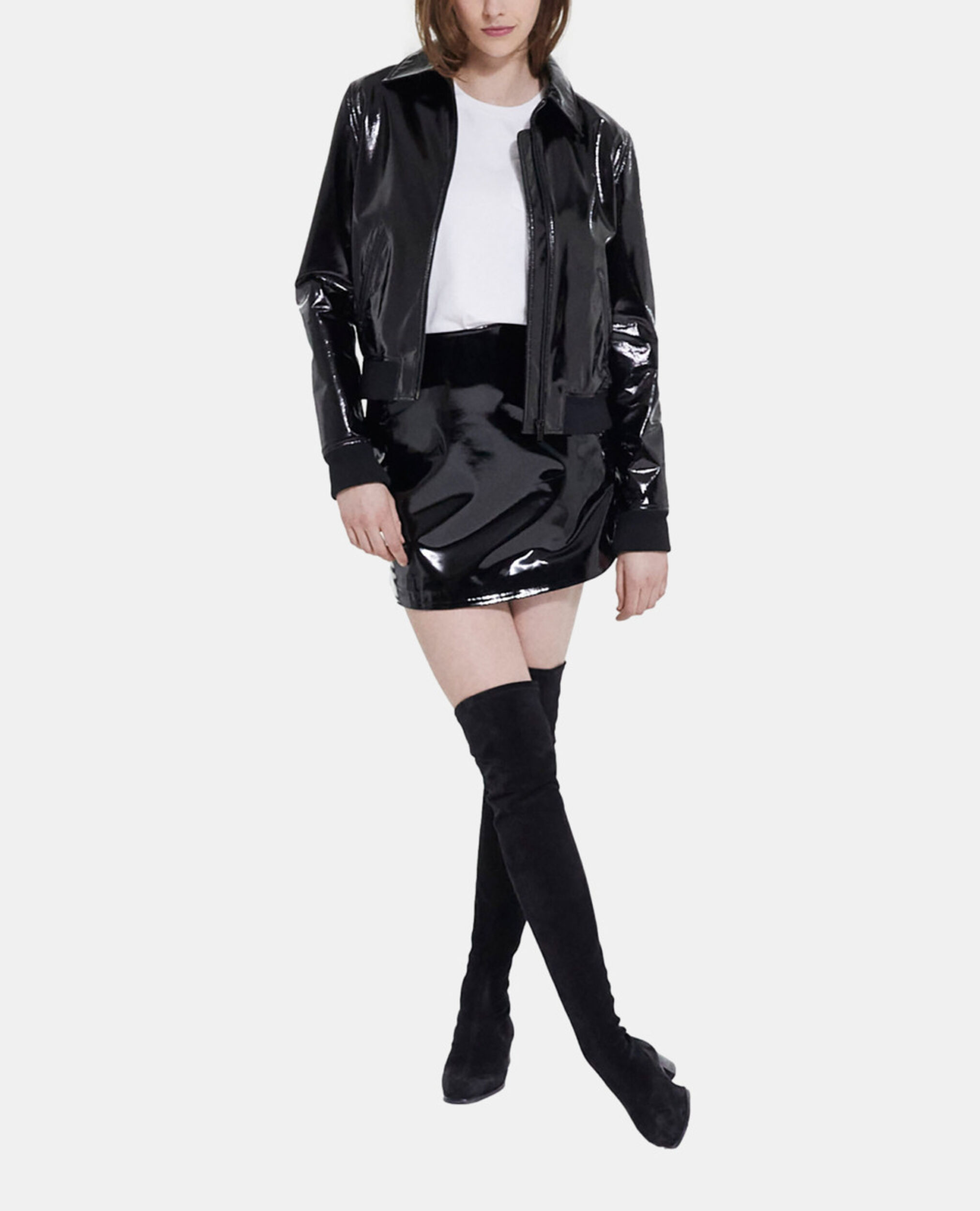 Short black vinyl jacket, BLACK, hi-res image number null