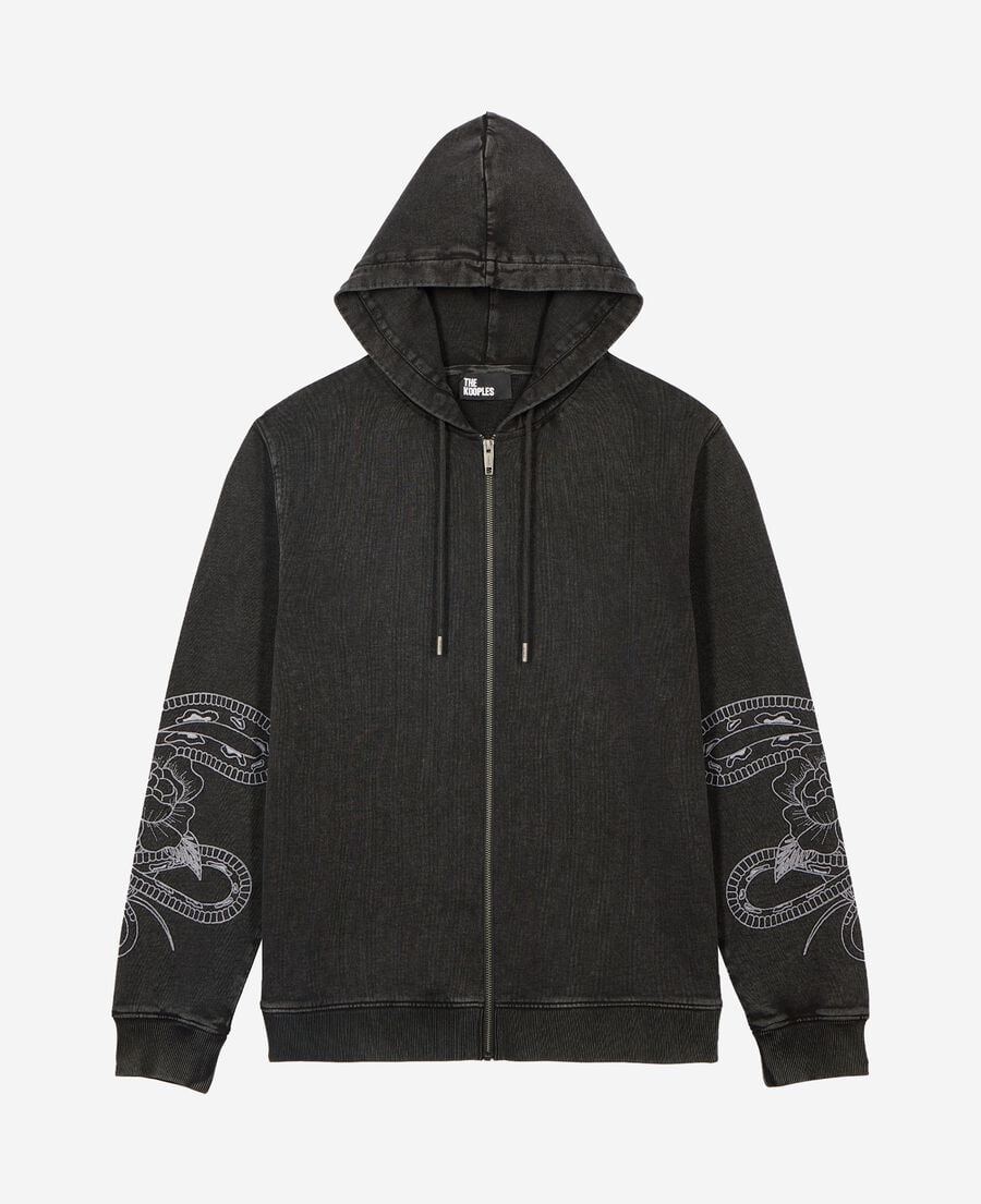 The Kooples MEN BLACK WASHED hooded sweatshirt with black embroidery