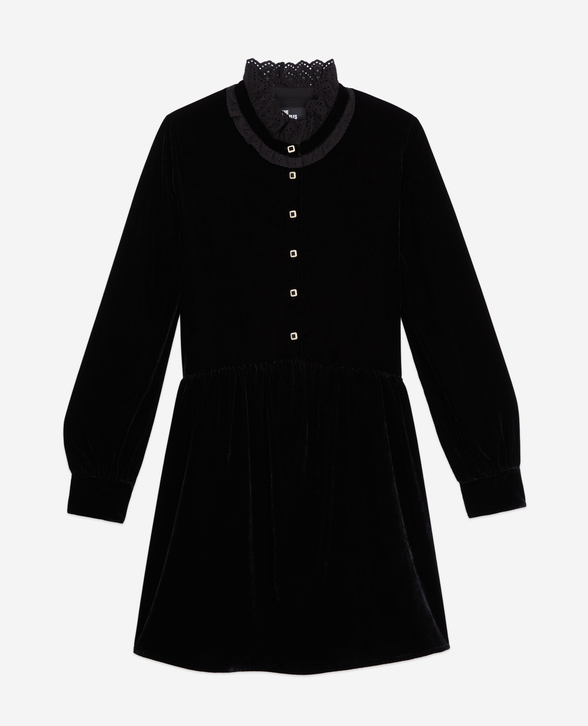 Robe courte noire en velours avec boutons bijoux, BLACK, hi-res image number null