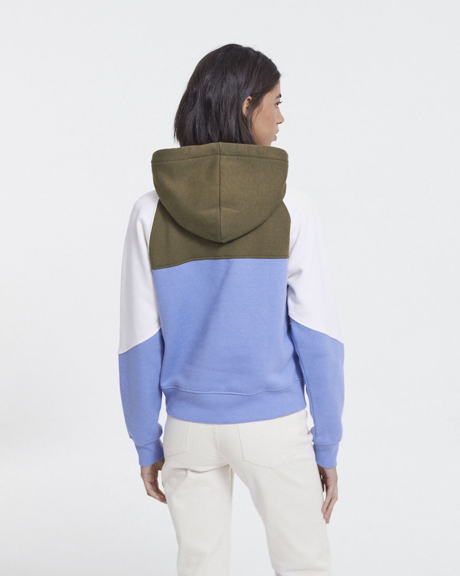 Hooded blue and khaki sweatshirt with logo on chest, BLEU KAKI ECRU, hi-res image number null