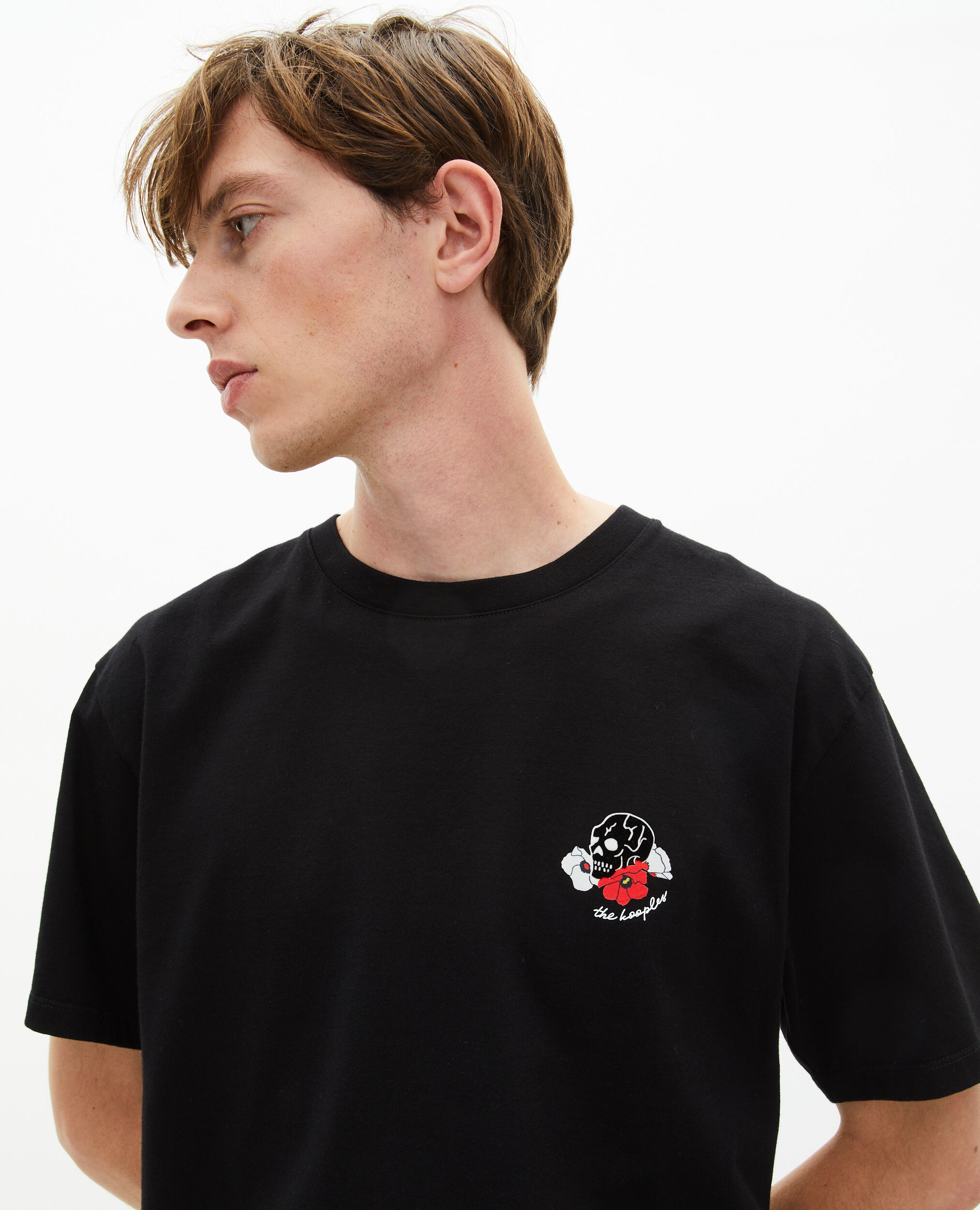 T-Shirt mit schwarzer Totenkopfbeflockung, BLACK, hi-res image number null