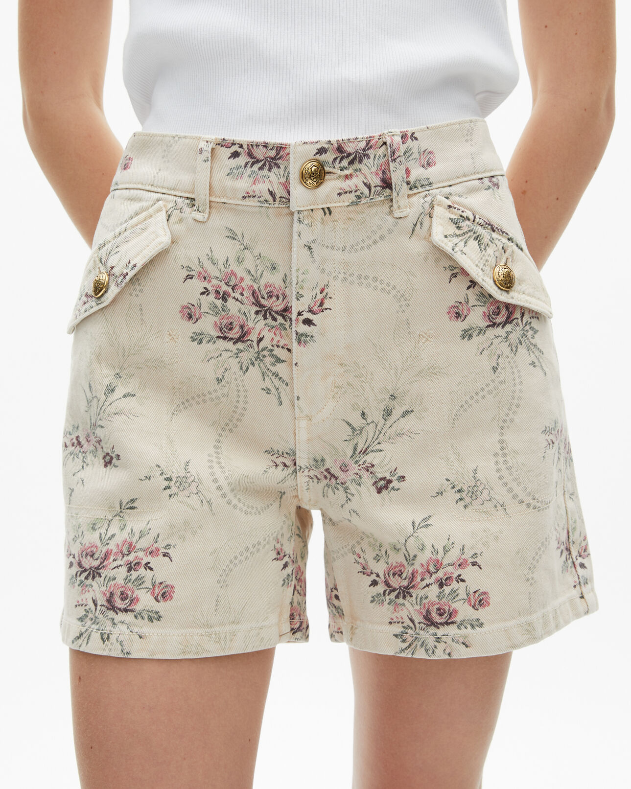 The Kooples WOMEN BEIGE TAUPE floral print shorts in beige denim