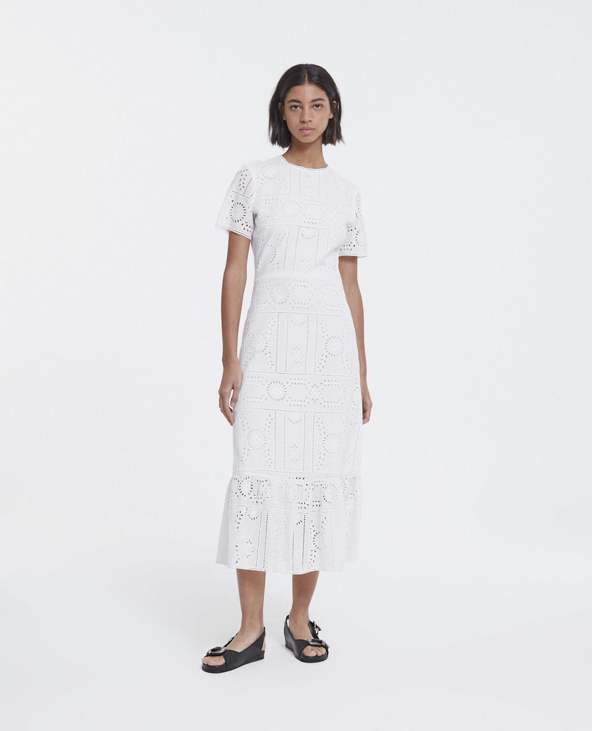 Robe longue brodée coton blanche col rond, WHITE, hi-res image number null