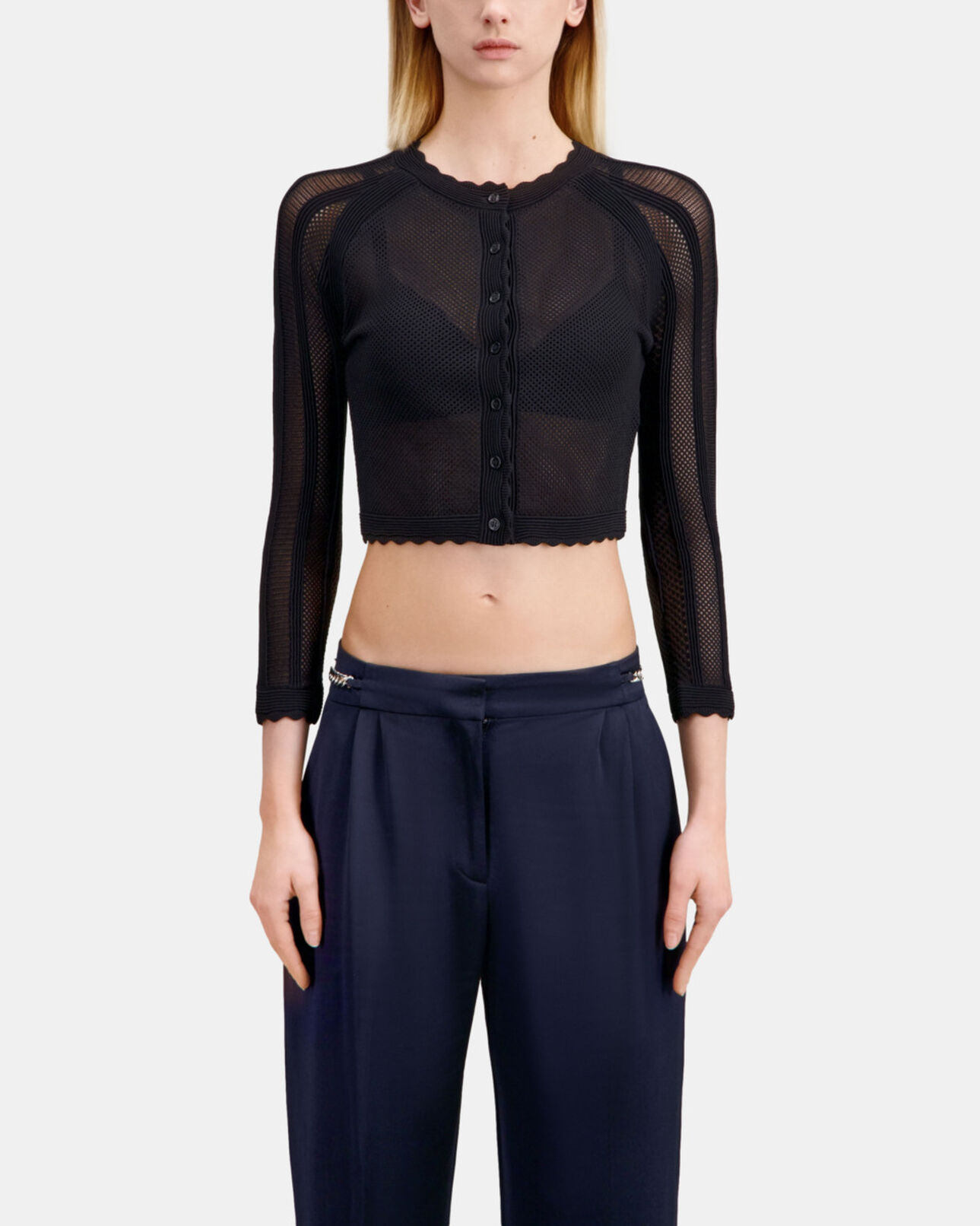 The Kooples DAMEN BLACK schwarzer kurzer cardigan aus ajour-strick