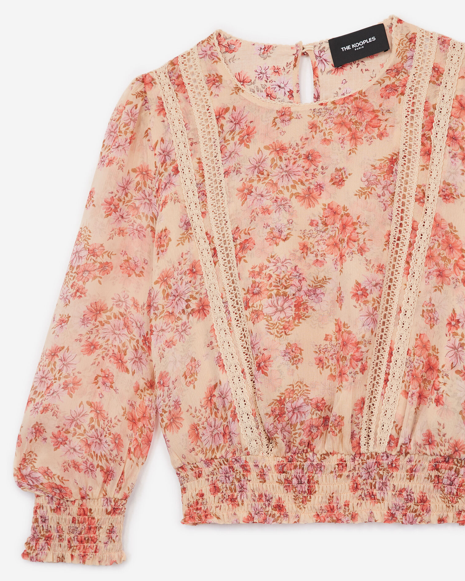 Floral printed pink top with lace detail, LIGHT PINK, hi-res image number null