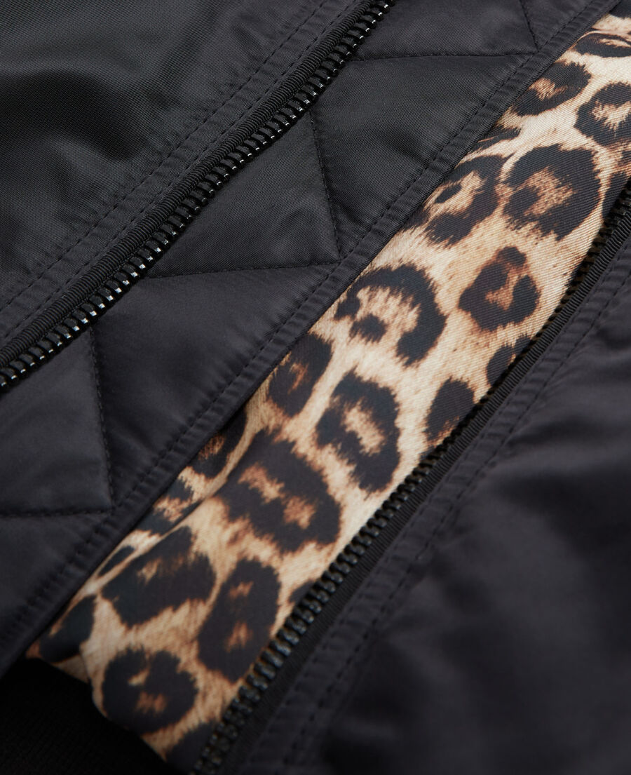 black bomber jacket with leopard lining