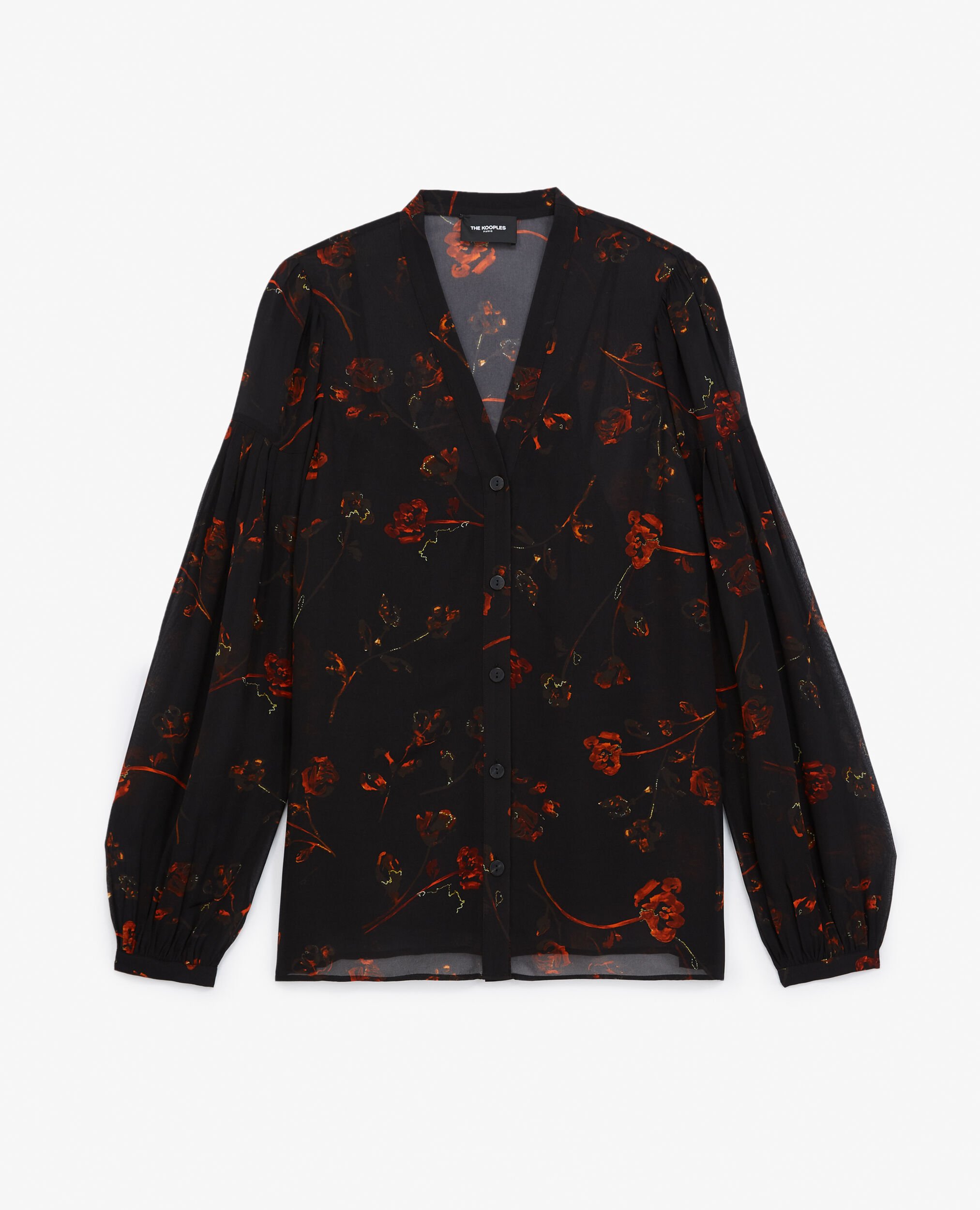 Chemise noire classique col V imprimée, BLACK, hi-res image number null