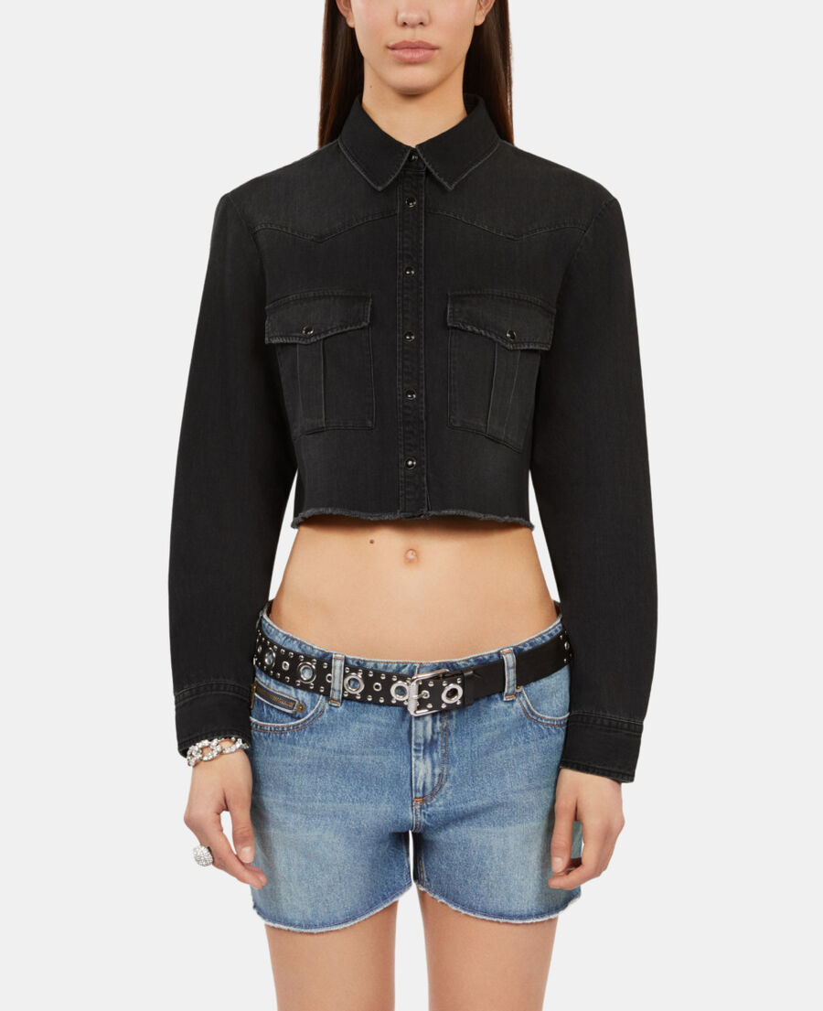 The Kooples FEMME BLACK WASHED chemise courte en denim gris